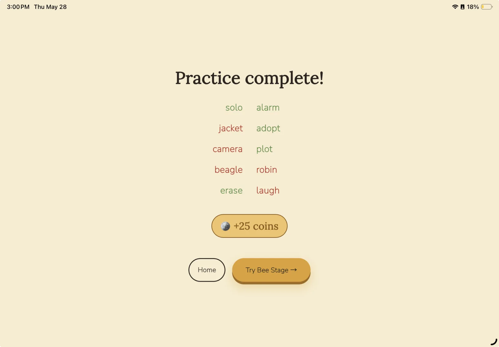 A practice recap showing which words were spelled correctly