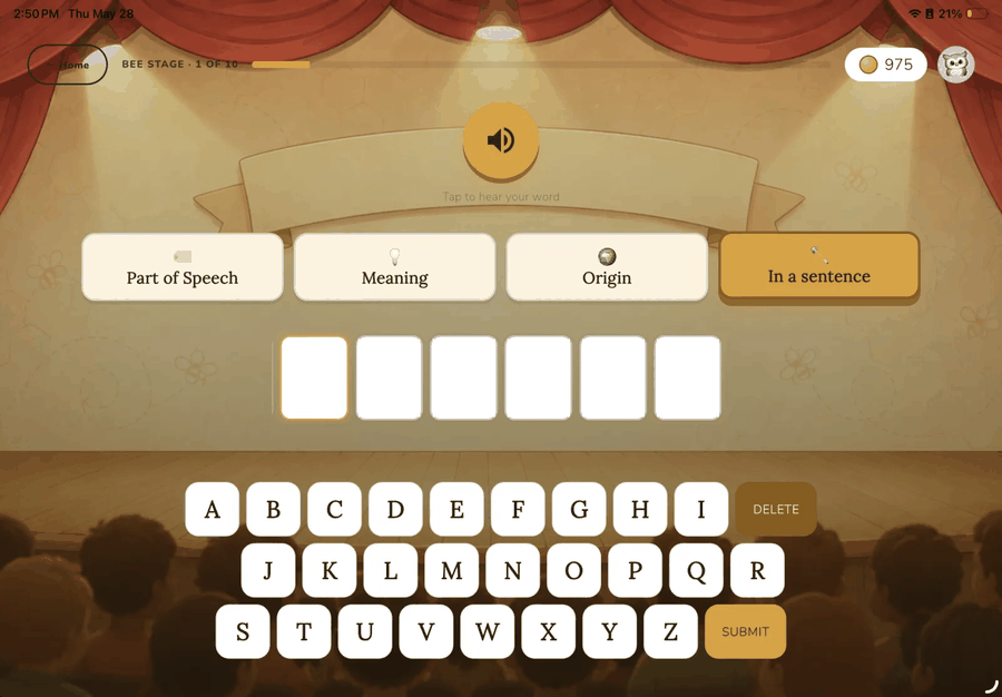 A child spells the word cactus correctly on Spell a Bee's spelling-bee stage and confetti falls